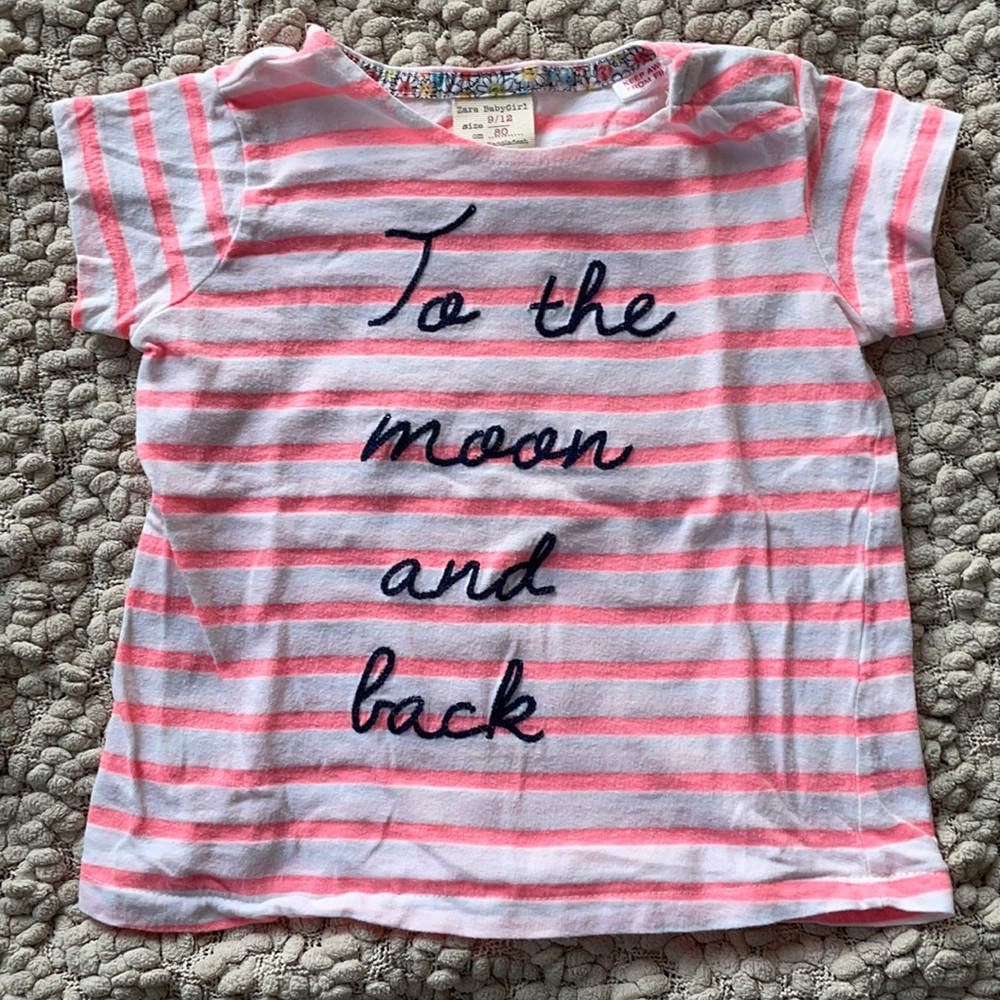 Zara to the moon and back pink and white striped tee